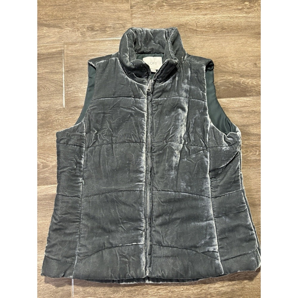 Loft Women's Velvet Puffer Vest Size‎ XS Gray & Green Soft Zip EUC